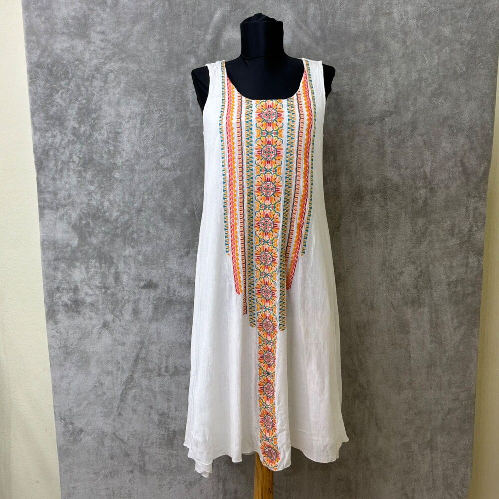 Chico’s Embroidered swing midi Dress Boho Sleeveless Oversized XS